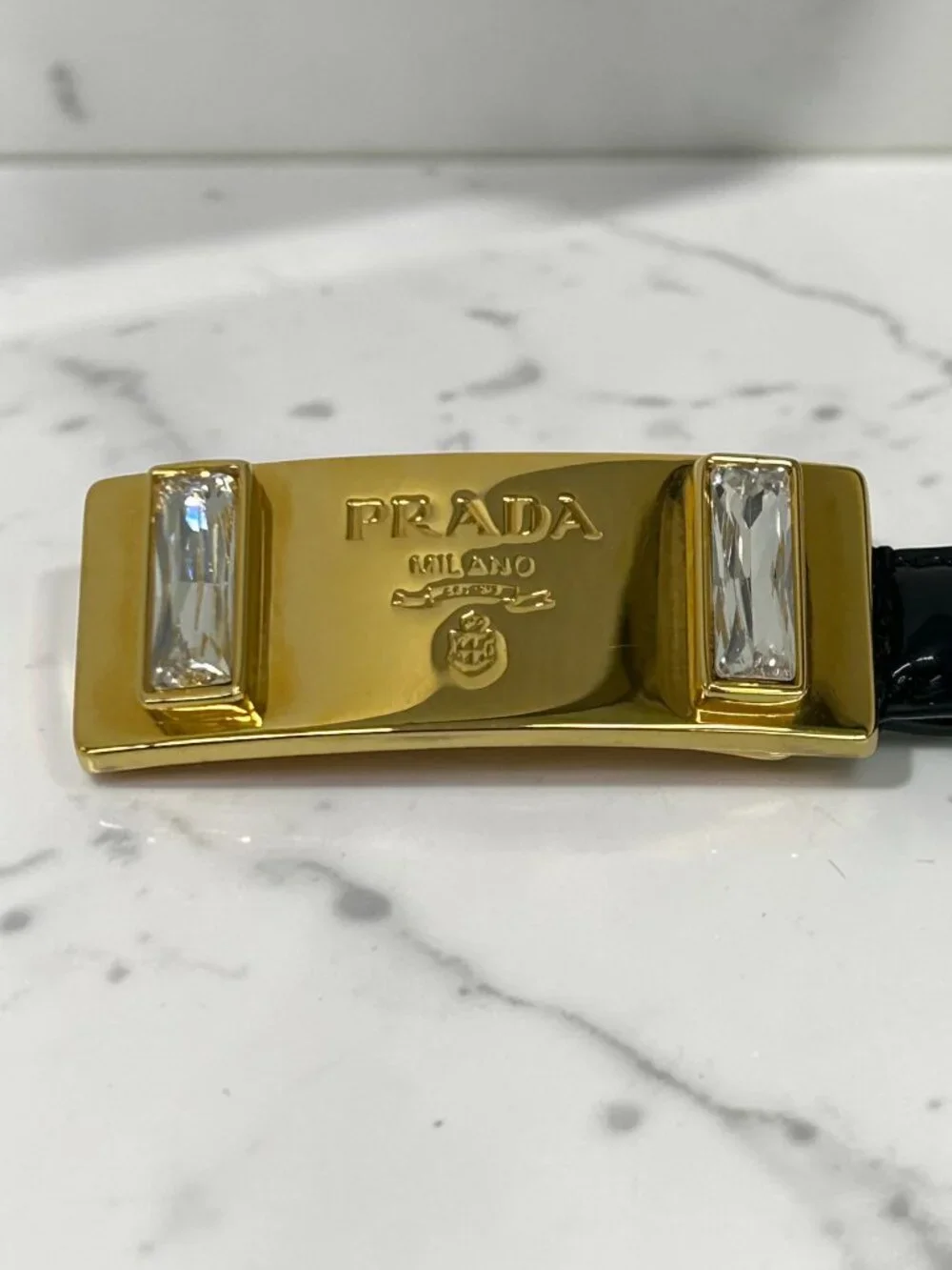 Prada Black Patent Leather Belt with Crystal-Embellished Gold Buckle